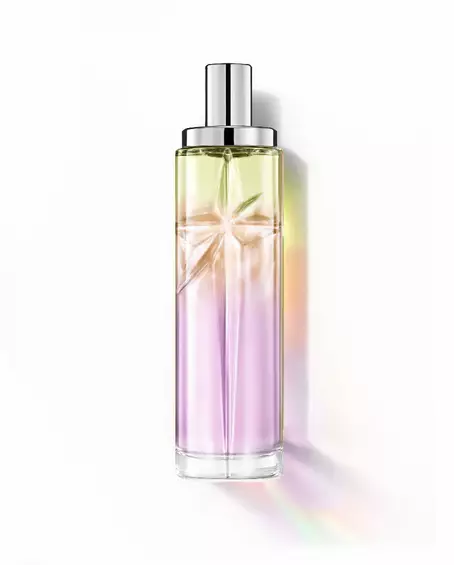 Sweet Kiss: tall bottle with lavender, amber and light green gradient on a white background.