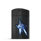 Black A*Men Mugler bottle with blue star on light gray background