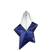 Mugler Angel Elixir Eau de Parfum in silver and midnight blue star-shaped bottles on white background