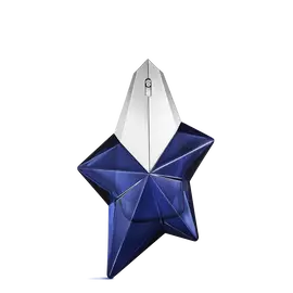 Mugler Angel Elixir Eau de Parfum in silver and midnight blue star-shaped bottles on white background