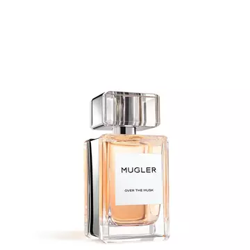 Mugler Les Exceptions Over The Musk Eau de Parfum in elegant clear rectangular bottle with beige label on white background