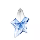 Blue star-shaped Angel Mugler perfume bottle with silver cap on a light gray background