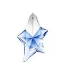 Blue star-shaped Angel Mugler perfume bottle with silver cap on a light gray background