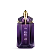 Mugler Alien purple perfume bottle on light gray background