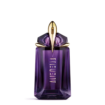 Mugler Alien purple perfume bottle on light gray background