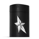 Mugler A*Men Fantasm Eau de Toilette in black cylindrical bottle with silver star on white background