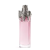 Pink Mugler Womanity perfume bottle with silver sculpted cap on light gray background