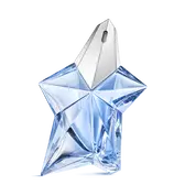 Blue star-shaped Angel Mugler perfume bottle with silver cap on a light gray background​