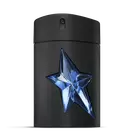 Black A*Men Mugler bottle with blue star on light gray background