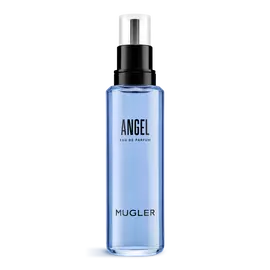 Blue Angel Mugler eau de parfum refill bottle with black pump on a white background